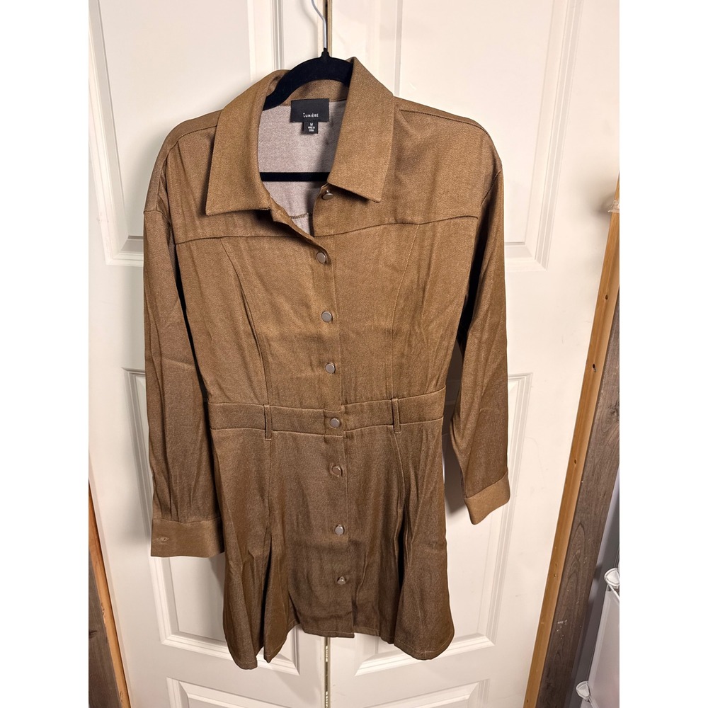 Lumiere Womens Bronze Metallic Long Sleeve Button Front Mini Shirt Dress Medium